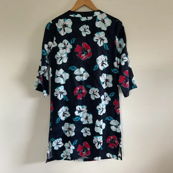 Talbots 100% Linen Beaded Neckline Navy Hibiscus Tropical Floral Tunic Dress XS - Picture 5 of 15